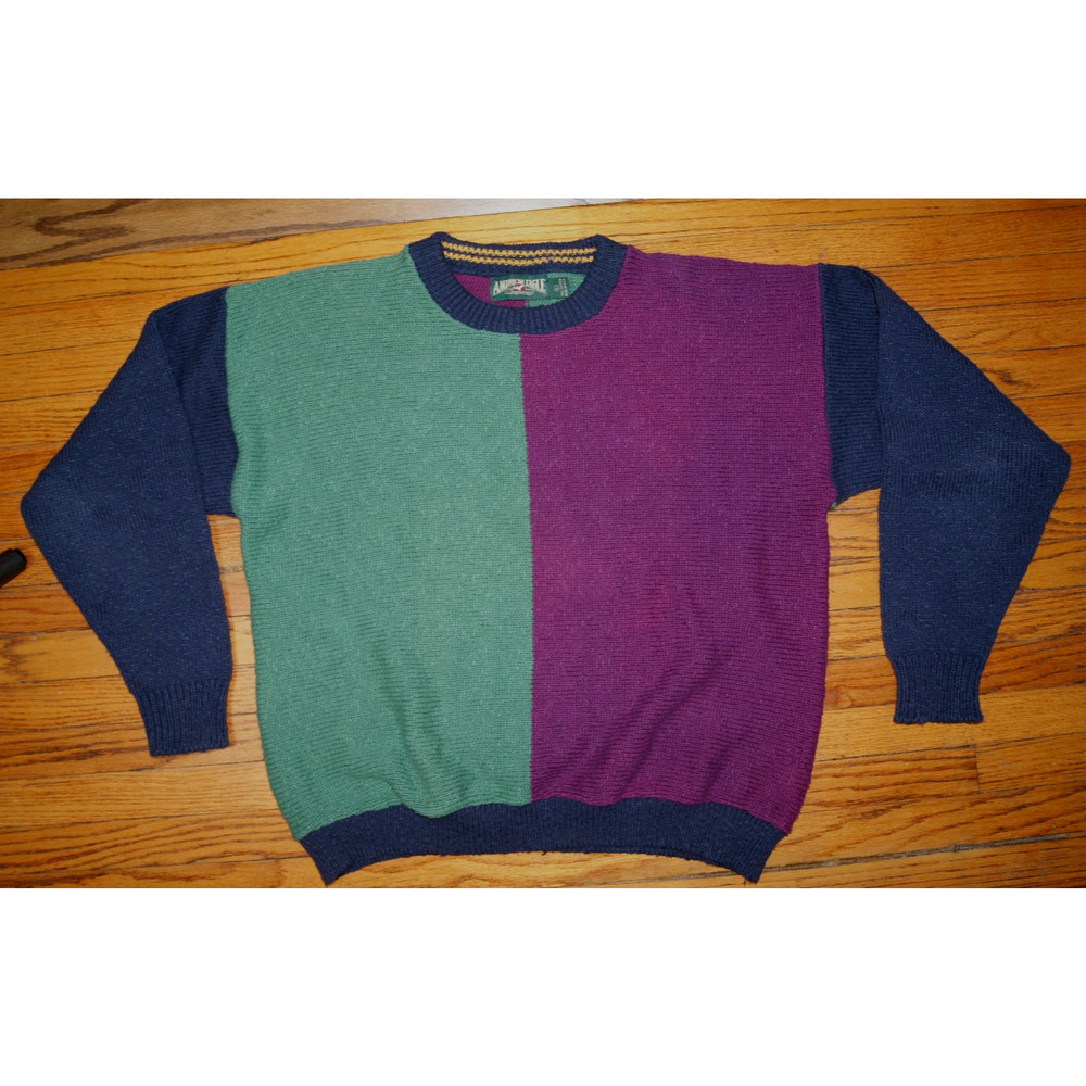 Vintage 90s American Eagle Colorblock Mens L Sweater USA Made Biggie Oversized